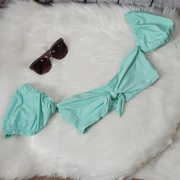 Lulu's Tidal Vibes Seafoam Teal Tie-Front Puff Sleeve Bikini Top NWOT Size Small - Picture 13 of 14